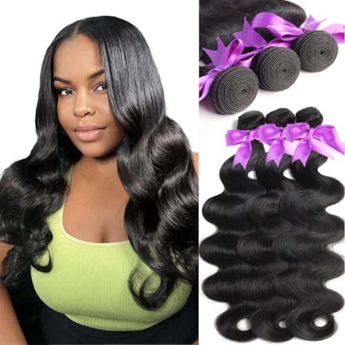 14 16 18 Inch Real Human Hair Bundles Body Wave 3 Bundles Unprocessed Natural Black Remy Body Wave Brazilian Virgin Cambodian Hair Wavy, 1b, No Tangle No Shedding, True to Length