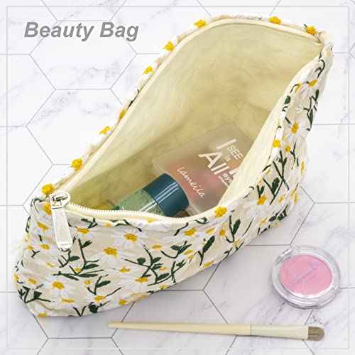 Makeup Bags for Purse Zipper Cosmetic Pouch Large Travel Canvas Make Up Organizer Tool Pouch for Women and Girls,Daisy White