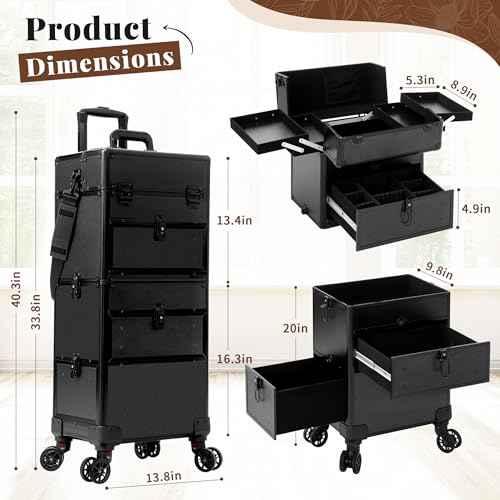 AROUS Rolling Makeup Case with 3 Drawers, Cosmetology Case on Wheels 5 IN 1 Makeup Train Case Make Up Organizer for Artist Salon Nail Teach Trunk,Black