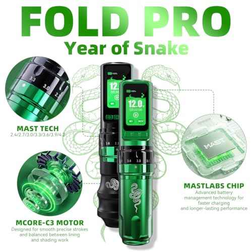 Mast Tattoo Gun Pen Machine, Fold Pro Cordless Year of Snake Edition Tattoo Machine Gift, Power Motor by Mcore-C3, 3000mAh Battery Power Supply (Kit)