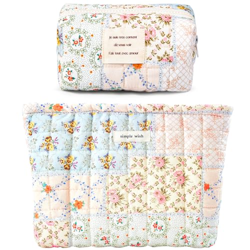 2 Pieces Floral Makeup Bag, Cute Travel Quilted Pouch Cosmetic Bag Organizer, Small Cotton Coquette Aesthetic Purse Toiletry Bag for Women Girls accessories (Blue Flower-2PCS)