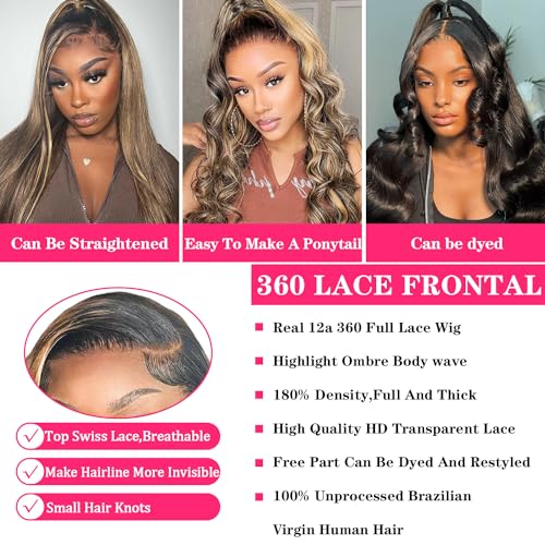 Aaliweya Highlight Ombre Body Wave 360 Lace Front Wig Human Hair for Women 180% Density Glueless Wig Pre Plucked Natural Hairline HD Transparent Full Lace Frontal Wigs Human Hair 18Inch