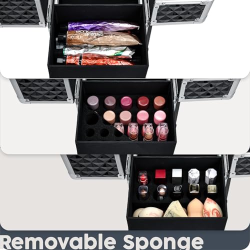 Hododou Rolling Makeup Case Cosmetic Travel Trolley Storage Sliding Drawer 4 Tray Makeup Travel Case with Wheels Salon Barber Case Traveling Cart Trunk for Cosmetologist Nail Tech Hairstylist Black