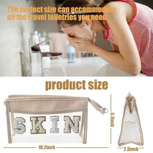 Clear Boho Patch Makeup Bag, Letter BEACH Cosmetic Bag, Transparent Travel Toiletry Bag, Waterproof Snacks Bag, Zipper Sunscreen Summer Skincare Bag Gift for Women Girls (stuff)