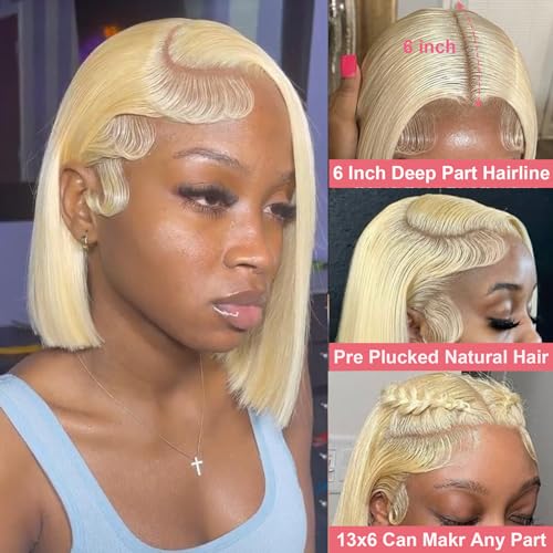 Blonde 613 13x6 Lace Front Bob Wig Human Hair Straight Transparent Lace Frontal Wigs Pre Plucked with Baby Hair 180 Density Brazlian Remy Glueless Lace Short Wigs for Black Women