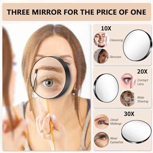 Magnifying Mirror, 10X & 20X & 30X Set, Magnified Mirrors 3.5" with Two Suction Cups, Travel Magnifying Mirror Set Comes with Portable Storage Bag, Compact Small Magnified Mirrors for Travel(Black)