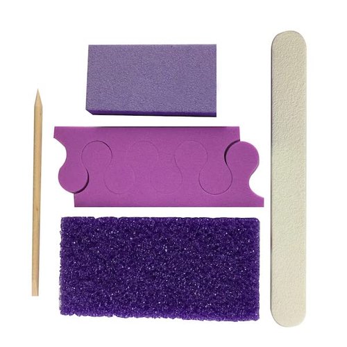 True Beauty 5-Piece deposable Pedicure Pedi Kit with Toe Separator, Purple Pumice Pad, White Wood Nail File 100180 Grit, Orange Mini Buffer 100180 Grit, Wood Stick, 200-Count