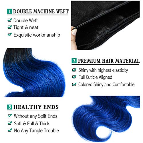 SEXAYHAIR Blue Human Hair Bundles Brazilian Ombre Body 1b/blue Wave 1Bundle Hair Unprocessed Virgin Human Hair Extensions, 2 Tone Ombre Blue Hair Bundles (24",1b/Blue)