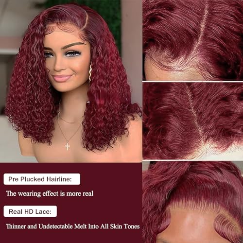 14 Inch 99J Burgundy Deep Wave Curly Bob Wig for Black Women 180% Density Human Hair 13x4 HD Lace Front Wigs