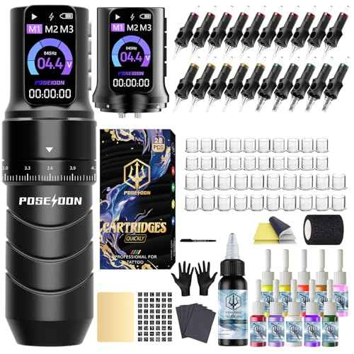 Poseidon Tattoo Gun Kit 7 Strokes Length Tattoo Machine Kit with 2pcs 2300mAh Battery 20pcs Tattoo Cartridge Needles 11pcs Inks Complete Tattoo Pen Kit Supply for Beginner and Artist