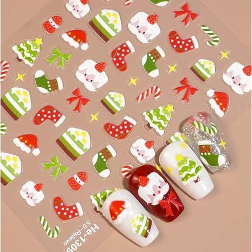 4Sheet Christmas Nail Sticker 5D Embossed Xmas Nail Art Decals Santa Claus Christmas Tree Elk Snowflake Snowman Design Winter Nail Art Sticker for Women DIY Manicure Decorations