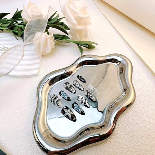 30pcs Snake Press On Nails Medium Length Almond Flower Fake Nails with 3D Spider Web Rhinestone Design,Designer Press On Star Pattern Gothic Punk Dark Black Silver Y2k Style,Acrylic Nail Set for Women