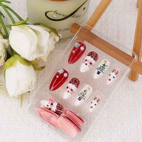 Christmas Press on Nails for Women Girls Holiday Manicure, Short Almond Fake Nails with 3D Pearl Christmas Tree Designs, Full Cover Reusable Acrylic False Nails 24Pcs