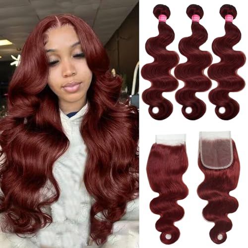10A Cooper Red Human Hair Bundles with Closure Body Wave Reddish Brown Bundles Human Hair with Closure 12 14 16+12 Free 33B Cooper Red Brazilian Body Wave Hair
