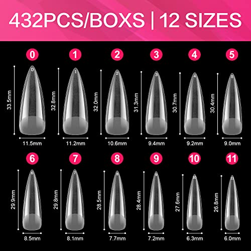 AIMEILI Long Stiletto Gel Nail Tips 432PCS Pre-buff Almond Fake Clear Nails Full Cover, Acrylic False Press on Nails with Box for Nail Art Salon and Home DIY, 10 Sizes