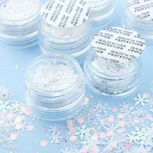 6 Boxes Winter Snowflake Nail Art Glitter Sequins 3D Holographic Christmas Nail Art Flakes White Nail Glitter Powder Snowflakes Hexagon Design Xmas Snow Confetti Glitter Makeup DIY Manicure Decoration