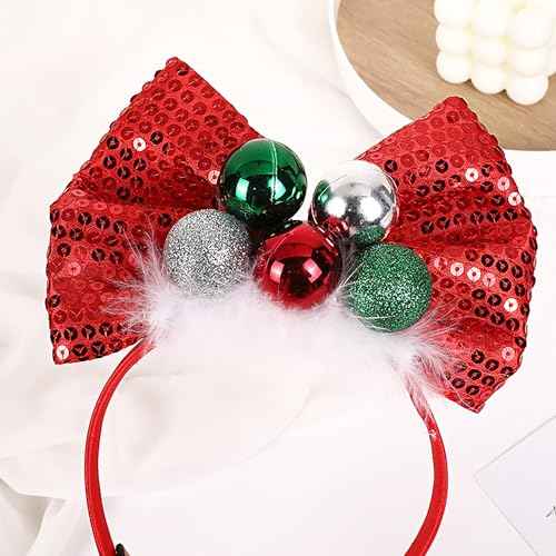 Christmas Headbands for Women, Christmas Ball Headband Red Bow Hair Hoops Sequin Design Cute Hair Bands Holiday Hair Decorations for Christmas Party Costume Props Hair Accessories (1Pcs)