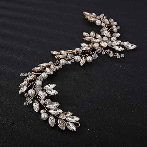 Teyglen Wedding Bride Rhinestones Pearls Crystal Headband Hair Vine Handmade Bridal Headband Wedding Hair Accessories for Brides Hair Pieces Headpieces for Women(Gold)