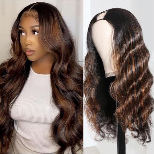 U Part Human Hair Wig Body Wave Highlight #1b/30 Ombre Brown Wig 180% Density U Part Wig Half Brazilian Virgin 100% Human Hair Wigs For Black Women Clip In Glueless No Leave Out Wig 20Inch