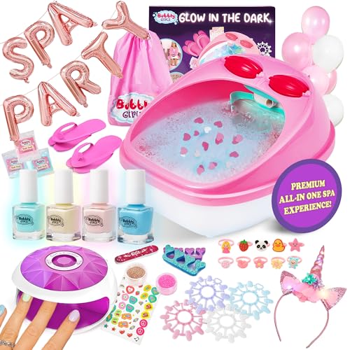 Glow in Dark Kids Spa Day Kit for Girls, 42+ Pieces Waterfall Foot Spa Toys, Nail Spa Kit, Pedicure Manicure Accessories, Perfect Spa Kit for Girls Ages 6 7 8 9 10 11 12, Fun Birthday, Christmas Gifts