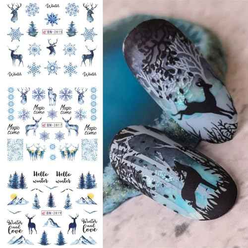 Christmas Water Transfer Nail Stickers - Blue Winter Snowflake Watermark Decals, Xmas Elk Bear Design for Holiday Nail Art Supplies and Accessories