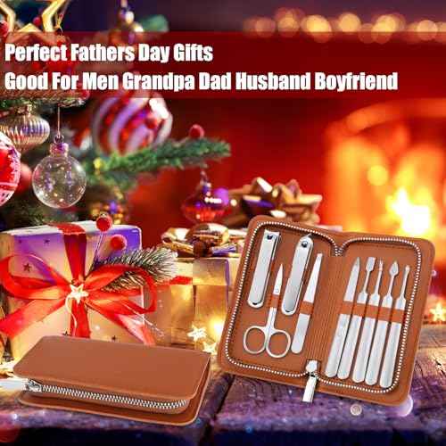 Professional Manicure Set for Fathers - Heavy Duty Stainless Steel 9 Piece Men Pedicure Tools Kit with Brown Leather Case,Gift for Grandpa Dad Husband