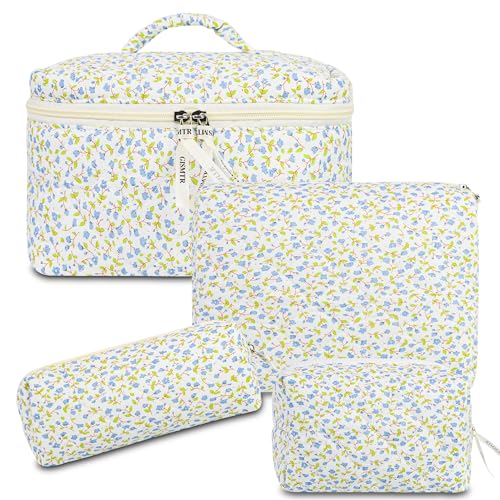 4Pcs Quilted Makeup Bag Set Cute Floral Cosmetic Bag Cotton Coquette Make up Bag Aesthetic Travel Toiletry Bag for Women Girls