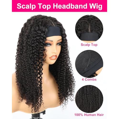 V SHOW Kinky Curly Headband Wig Human Hair Upgrade Natural Scalp Top Middle Part Glueless Headband Wig for Women 16inch Brazilian Kinky Curly Virgin Human Hair Wear and Go 180% Density Wig