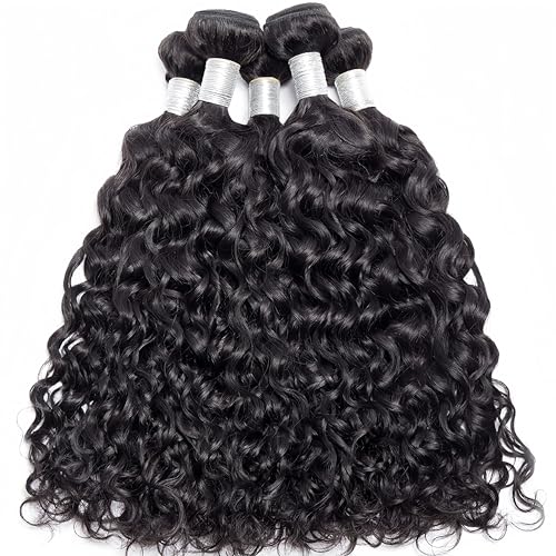 Brazilian Water Wave with Lace Closure - Wet and Wavy Hair, Deep Curly Human Hair 5 Bundles (50g/bundle) with 4x4 Lace Closure (16/16/16/16/16+16")