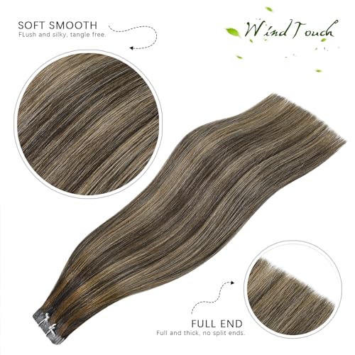 WindTouch Tape in Hair Extensions Human Hair Balayage Chocolate Brown to Caramel Blonde 22inch 50g 20pcs Thick Ends Tape in Extensions Invisible Tape in Hair Extensions Human Hair