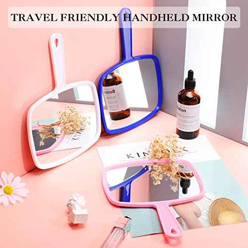 Jetec 3 Pieces Hand Handheld Cosmetic Mirrors with Handle, Portable Vanity Mirrors for Travel, Home, and Salon Use(9.17 x 6.53 Inch,Blue, White, Pink)