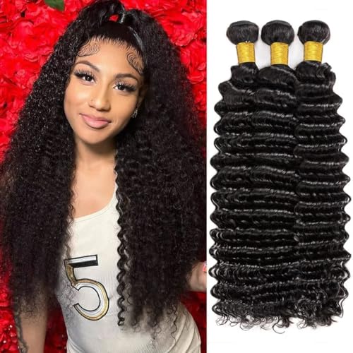 12A Deep Wave Human Hair Bundles 14 14 14 Inch Raw Curly Bundles Human Hair 100% Unprocessed 3 Bundles Brazilian Virgin Human Hair Extensions Quick Weave Natural Black Color