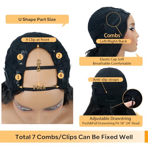 U Part Human Hair Wig Body Wave Drawstring Wig 180% Density U Part Wig Brazilian Virgin Human Hair wigs for Women Full Head Clip in Half Wigs Glueless No Leave Out Lace Front Wig Natural Color 16inch