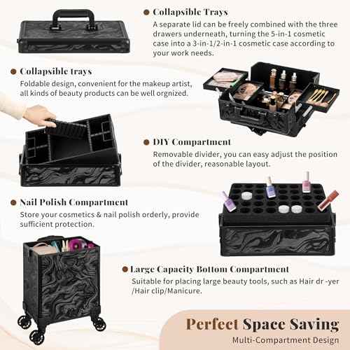 Profesional Rolling Makeup Train Case with Lid, 5 in 1 Cosmetology Case on Wheels, Large Cosmetic Trolley Organizer Travel for Hairstylist Artist Nail Beauty Salon Barber, Black Ink
