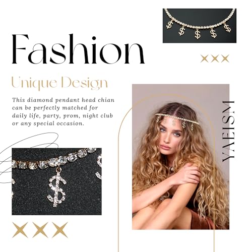Gold Headpiece Dollar Sign Head Chain Bling Money Dangle Rhinestone Head Jewelry Sparkly Prom Party Hair Accessories for Women Girls