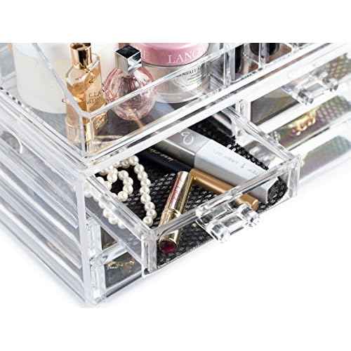 Masirs Clear Makeup Organizer - 16-Compartment Cosmetic and Jewelry Holder with 4 Drawers - Vanity Storage Box for Makeup, Skincare, Accessories, and Jewelry Display