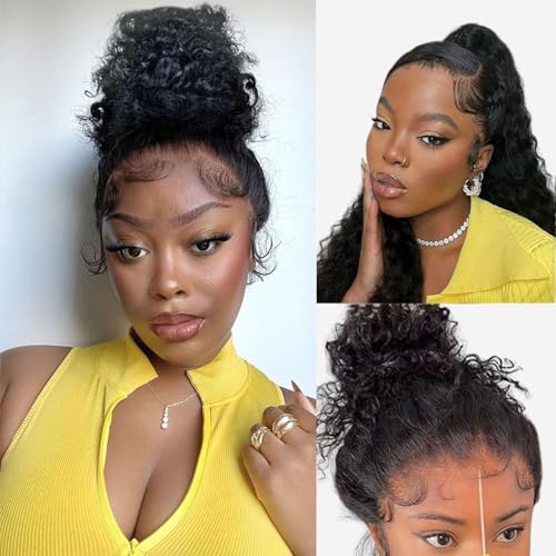 Hidden Strap 360 Deep Wave Lace Front Wigs Human Hair Curly Bob Wig With Drawstring 360 Full Lace Frontal Wigs Human Hair Bob Wigs For Black Women 360 Lace Front Wigs Pre Plucked(12inch)