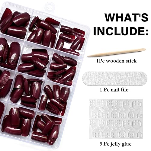 LoveOurHome 240pc Christmas Wine Red Press on Nails Medium Square Fake Nails Press ons Square Nail Tips Gel False Nails Presson Artificial Fingernails & Glue Adhesive Tabs Women Girls Manicure Decor