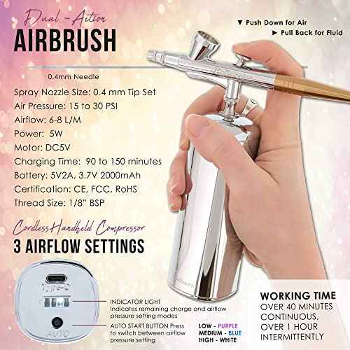 Belloccio Complete Cordless Handheld Airbrush Cosmetic Makeup System with 4 Fair Foundation Shades, Professional 18-Piece Kit, Moisturizing Primer, Blush, Bronzer, Highlighter, Concealer, User Guide