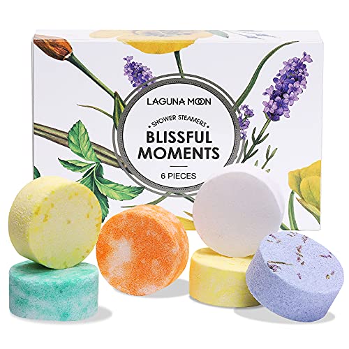 Lagunamoon Aromatherapy Shower Steamers, 6 Piece Variety Pack Handmade Shower Steamers with Pure Essential Oils to Relax, Moisturize for Spa Day, Self Care for Men, Women, Pampering Gifts for Her