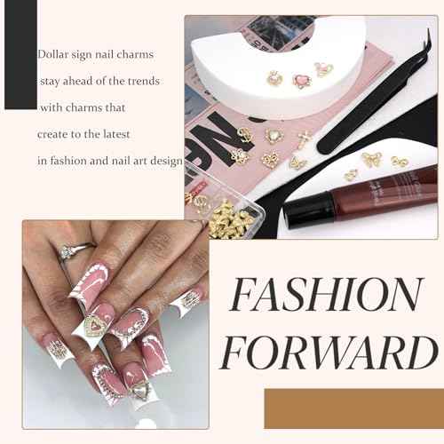 12 Grid Gold Nail Charms Kit - Crystal Pink Heart, Sparkly Dollar Sign, 3D Cross Butterfly Bowknot Charms - Y2K with Glue Gel, Tweezer for Women DIY Crafts Decoration