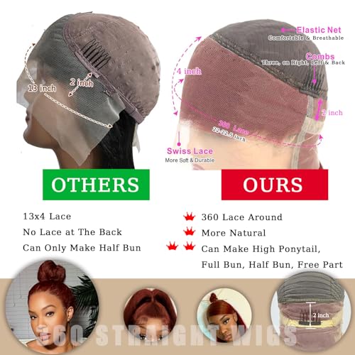 Reddish Brown Lace Front Wigs Human Hair 360 Wig Human Hair Full Lace Straight Colored Ponytail Wig 360 HD Transparent Lace Front Wigs Pre Plucked for Black Women Natural Hairline 22 inch