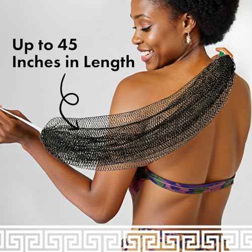 African Net Sponge Authentic with Handles (Set of 2), African Exfoliating Net Sponge, Exfoliating Body Scrubber Bath Sponge - Bathing Accessories with Storage Bag (Blue & Black)