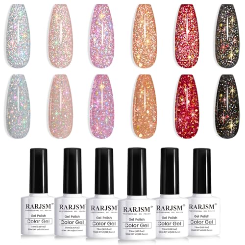 RARJSM Reflective Glitter Gel Nail Polish Set 6 Colors Sparkle Sliver Champagne Gold Pink Orange Black Red Rainbow Sequins Gel Nail Polish Soak Off U V Diamond Gelpolish DIY Salon Manicure at Home