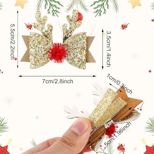 2 Pairs Christmas Hair Clip - Christmas Reindeer Antlers Headdress, Cute Bow Ties Antlers Ears Hair Pins, Christmas Party Hair Accessories for Girls Women (Gold & Red)