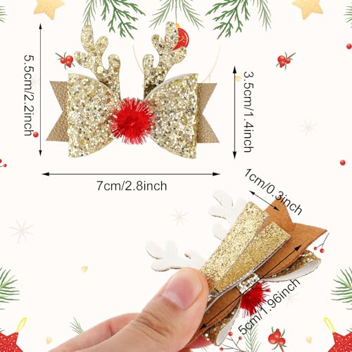 2 Pairs Christmas Hair Clip - Christmas Reindeer Antlers Headdress, Cute Bow Ties Antlers Ears Hair Pins, Christmas Party Hair Accessories for Girls Women (Gold & Red)