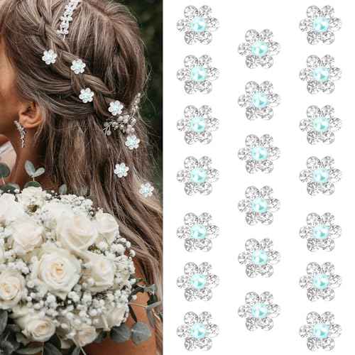 YISSION 20Pcs Mini Rhinestone Flower Hair Clips Cute Blue Pearl Hair Pins Small Decorative Hair Clips Wedding Hair Barrettes Bridal Hair Accessories for Girls Women
