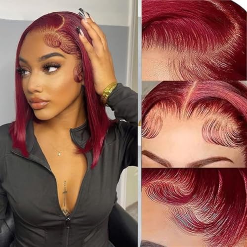 LICHANG 99J Burgundy Bob Wig Human Hair 200 Density 13x4 HD Transparent Straight Lace Front Wigs Human Hair Short Bob Wig Pre Plucked With Baby Hair Natural Hairline Glueless Wig Wine Red 12 Inch