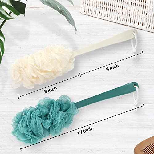 2Pack Back Scrubber for Shower£¬PIPUHA Loofah Sponge Shower Brush Using Body Exfoliating with Long Handle, Loofah on a Stick for Men Women, Bathing Accessories for Body Brushes (Blue and White)
