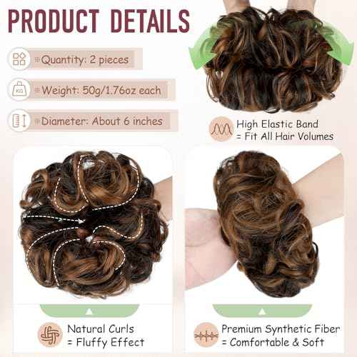 2 PCS Messy Bun Hair Piece Wavy Curly Hair Bun Scrunchies Extensions Synthetic Chignon Thick Updo Hairpieces for Women Girls(Dark Brown Mix Light Auburn)